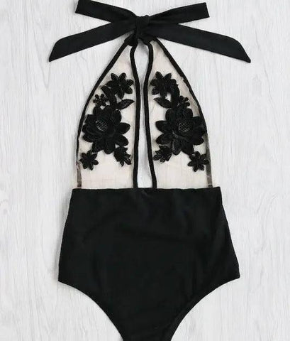 Applique one-piece bikini set-Black-1