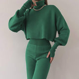 Autumn And Winter New European And American Turtleneck Loose Long Sleeve Top Female Casual Fashion Set-Green-1