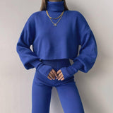 Autumn And Winter New European And American Turtleneck Loose Long Sleeve Top Female Casual Fashion Set-Blue-3