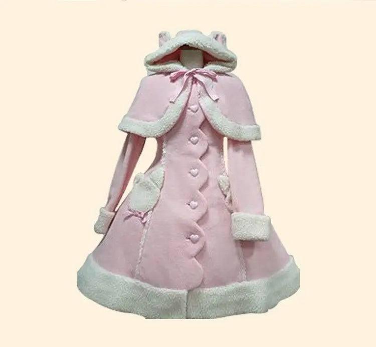 Autumn And Winter Hooded Rabbit Ear Cape Cape Large Skirt-Pink-1