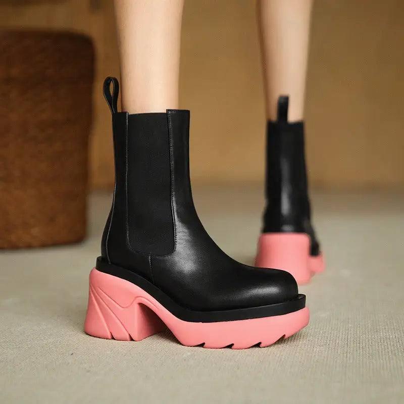 Autumn And Winter Korean Women Thick Heel-Black and pink-4