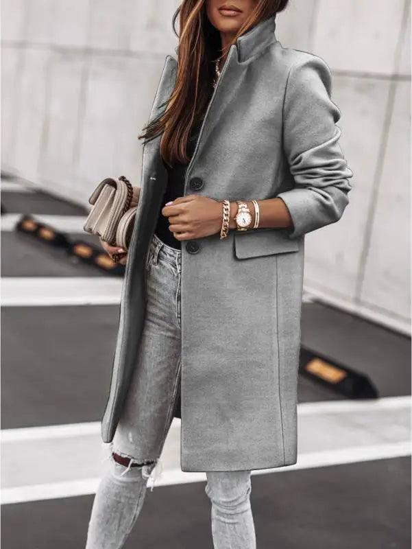 Autumn and winter simple long-sleeved button Nizi coat coat-Grey-2