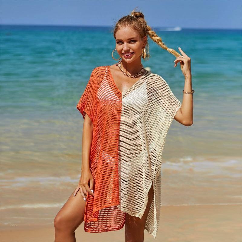 Beach Hollow Out Tops Cover-Up Knit Bikini Over-Blouse-Orange-4