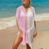 Beach Hollow Out Tops Cover-Up Knit Bikini Over-Blouse-Pink-6