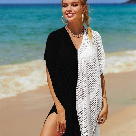 Beach Hollow Out Tops Cover-Up Knit Bikini Over-Blouse-Black-7