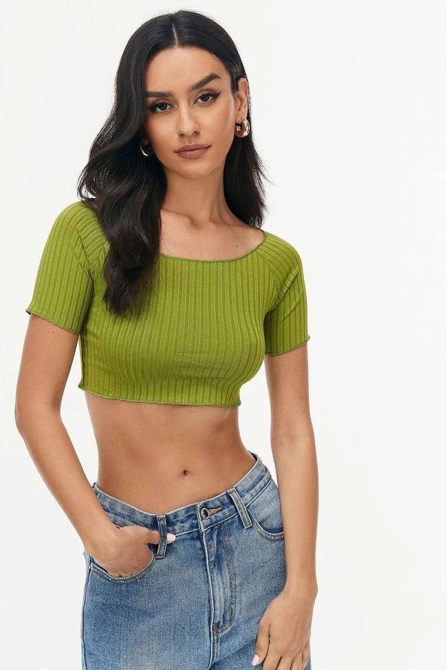 Beauty -umbilical Short -sleeved Sexy Thread Short Top-Green-6