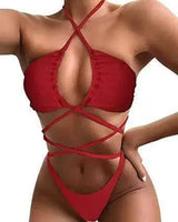 Bikini Comfortable And Sexy Solid Color Long Rope One Piece-WineRed-1