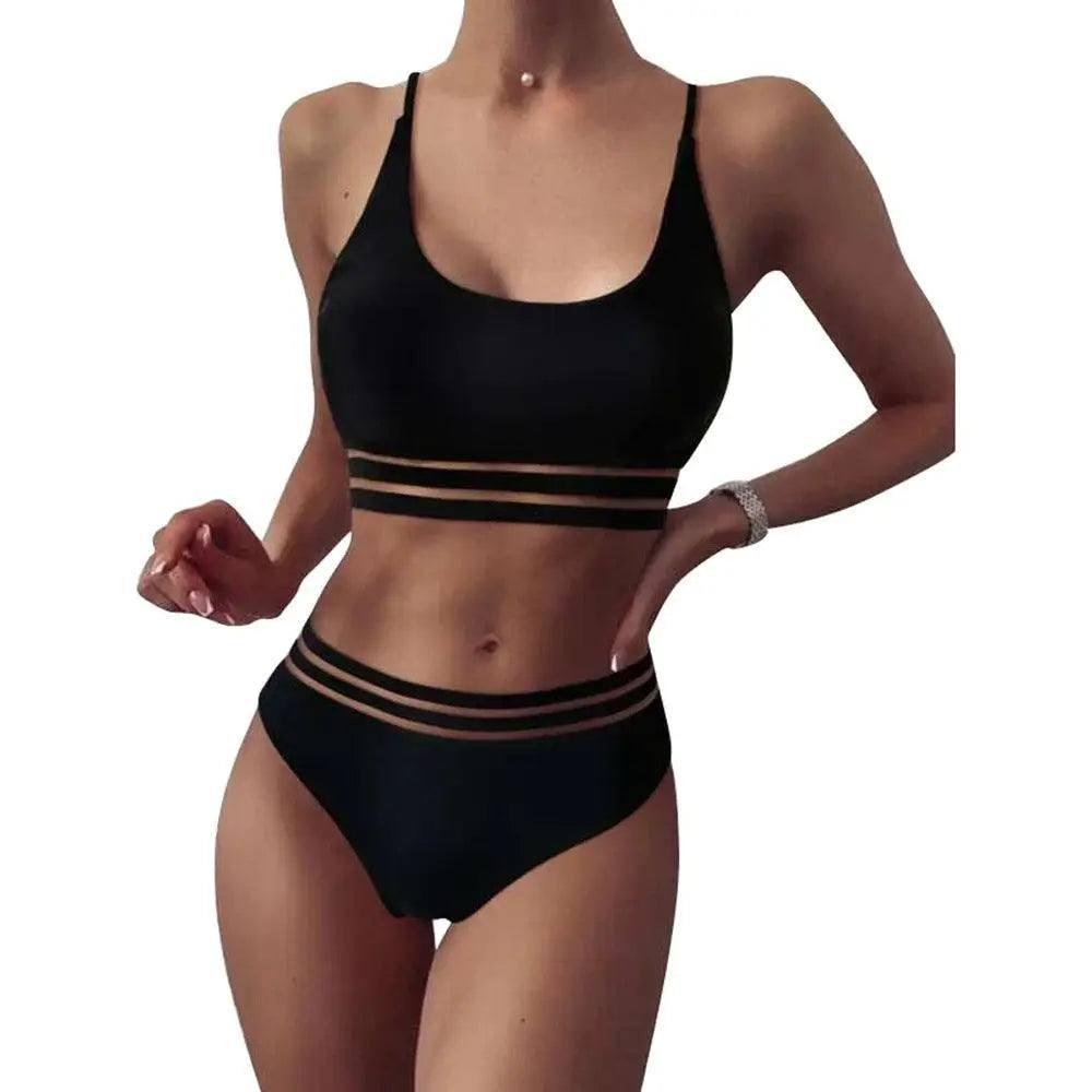 Bikini European And American Sexy Solid Color Swimsuit High-Black-1