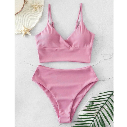 Bikini Swimsuit Ladies High Waist Pants BIKINI Solid Color-Pink-3