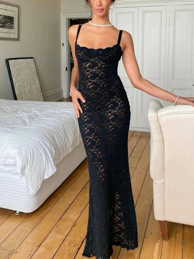 Black Lace See Through Maxi Dress - Sexy Spaghetti Strap-3