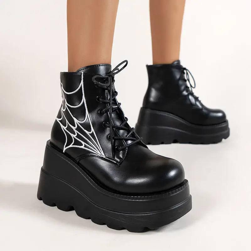 Black Martin Boots Fashion Spider Web Print Shoes Chunky-Black-1