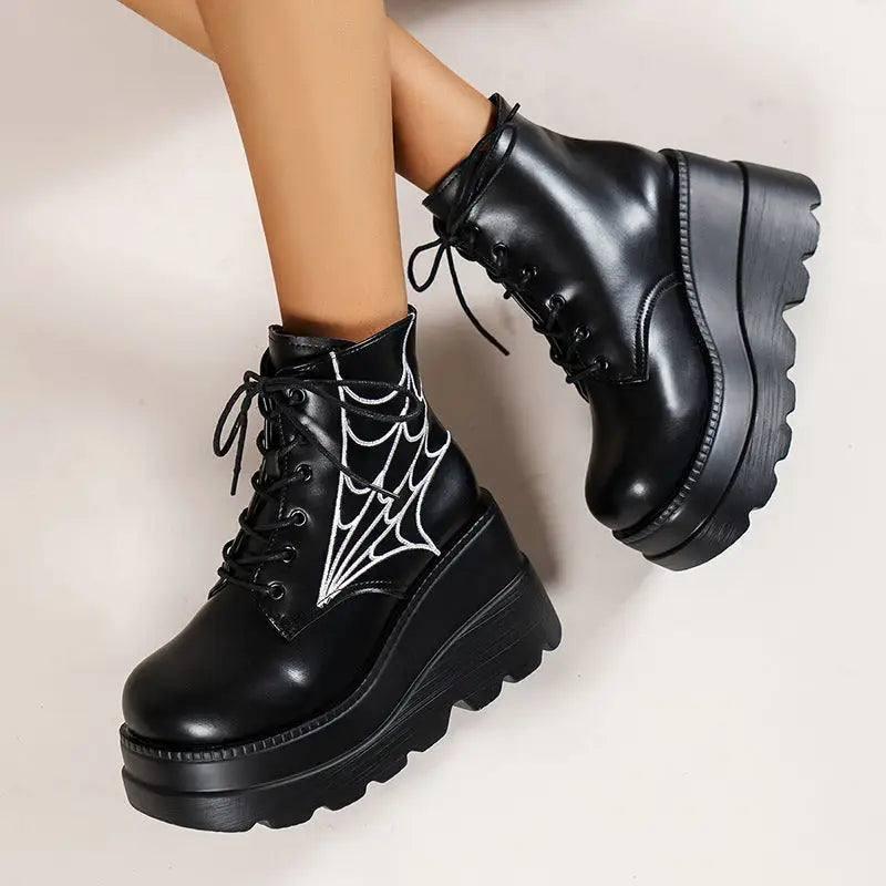 Black Martin Boots Fashion Spider Web Print Shoes Chunky-2