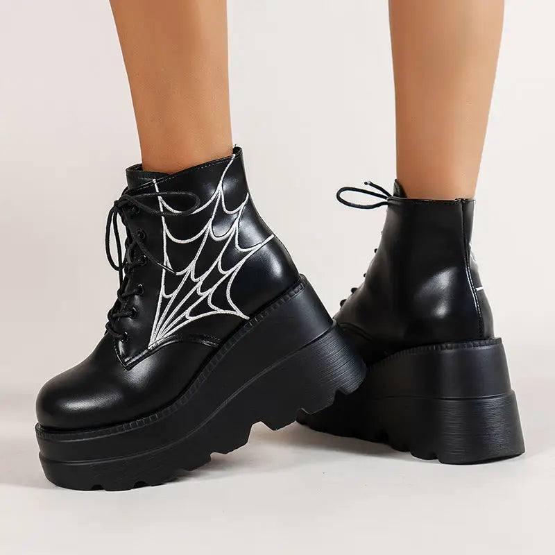 Black Martin Boots Fashion Spider Web Print Shoes Chunky-3