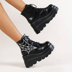 Black Martin Boots Fashion Spider Web Print Shoes Chunky-4