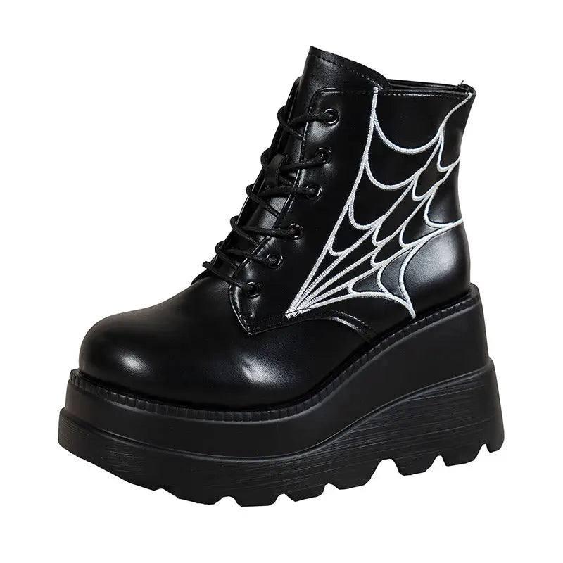 Black Martin Boots Fashion Spider Web Print Shoes Chunky-5