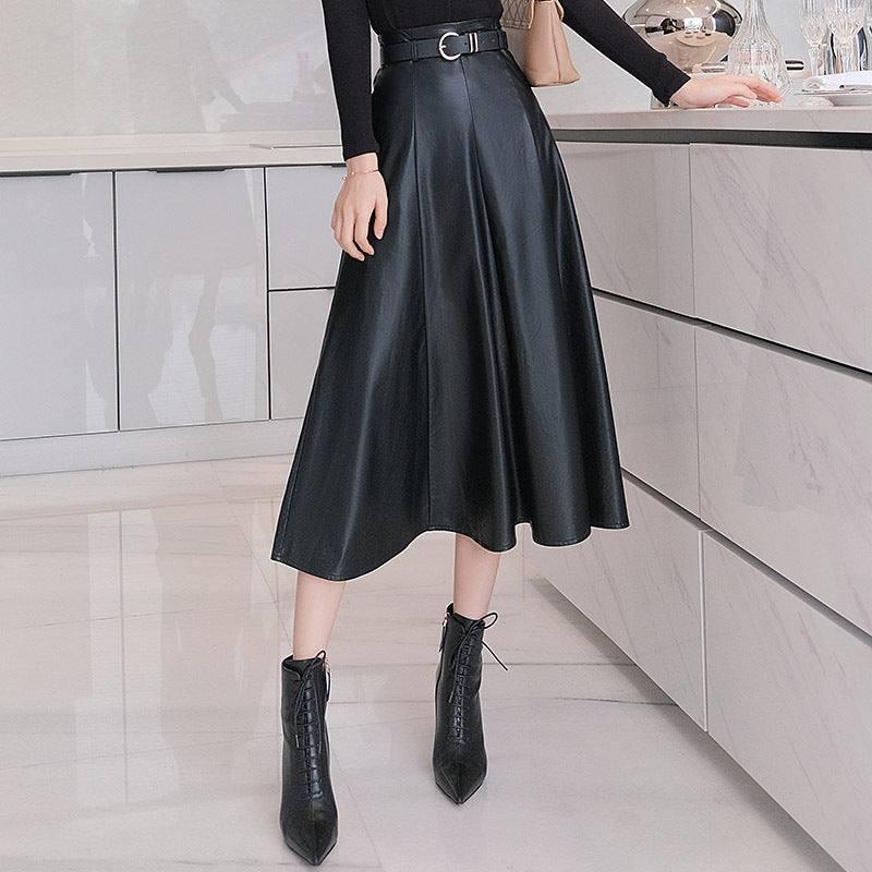 Black Upscale Fleece-lined Mid-length A- Line Skirt-Black-2