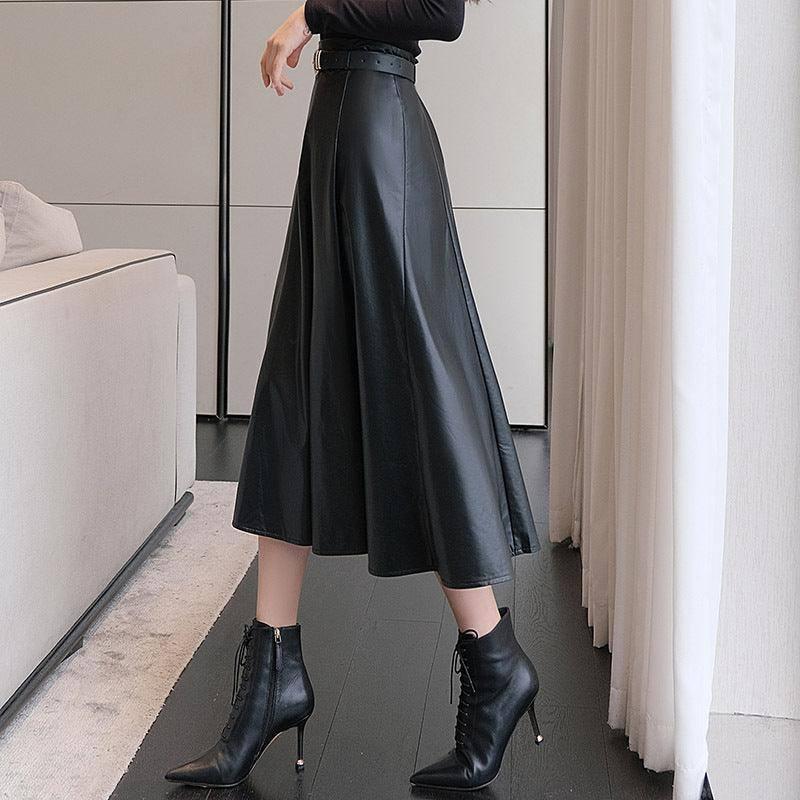Black Upscale Fleece-lined Mid-length A- Line Skirt-3