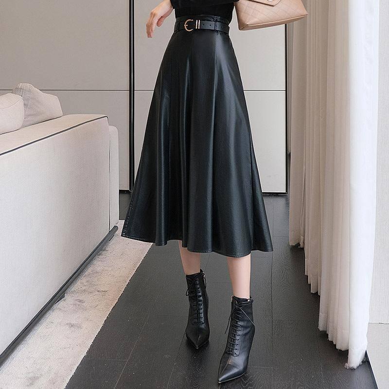 Black Upscale Fleece-lined Mid-length A- Line Skirt-5