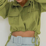 LOVEMI  Blousse Green / S Lovemi -  Pleated Waist Lantern Long-sleeved Lace Crop Top