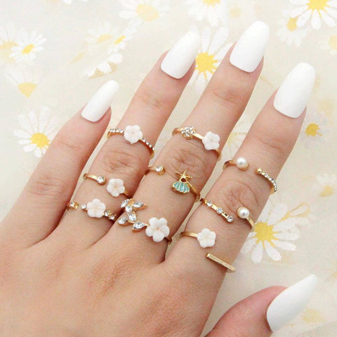 Bohemian Flower Pearl And Diamond 9-piece Ring Joint Ring-Gold-1