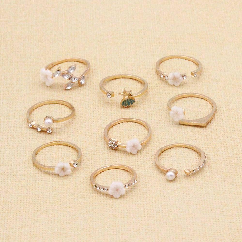 Bohemian Flower Pearl And Diamond 9-piece Ring Joint Ring-Gold-3