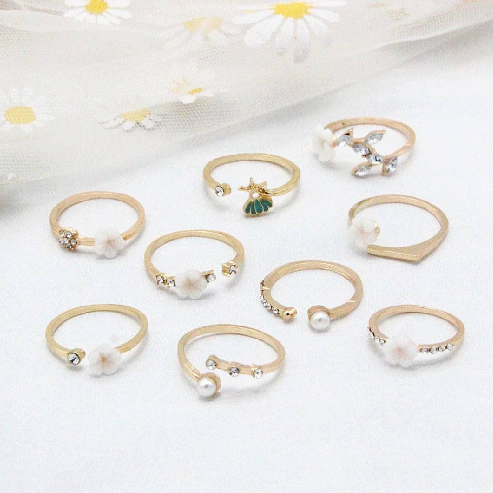 Bohemian Flower Pearl And Diamond 9-piece Ring Joint Ring-Gold-4