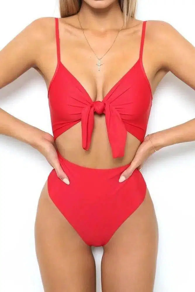 Bow triangle dress swimsuit Europe and America sexy solid-Red-1