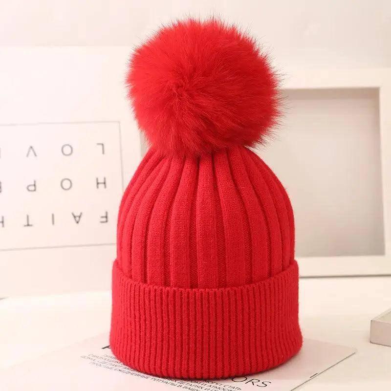 Boys And Girls Woolen Fox Fur Ball Knit Hat-Red-5