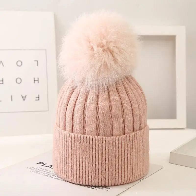 Boys And Girls Woolen Fox Fur Ball Knit Hat-Lightpink-6