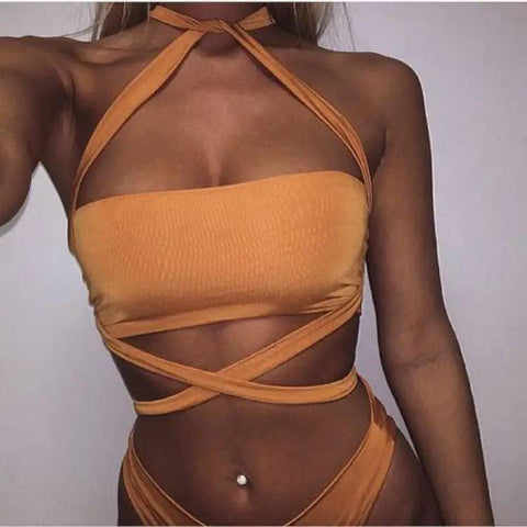 Bundled Wind Split Swimsuit Two-Piece Suit Bikini Women-Orange-2