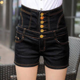 Button Decoration High-waisted Denim Shorts-Black-4