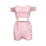 Card-shoulder mesh crop top hot pants two-piece suit-3