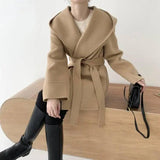 Cardigan hooded mid-length woolen coat-2