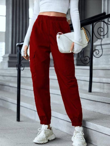 Cargo Pants Fashion Casual Multi-pocket Elastic Waist Pencil-Wine Red-5