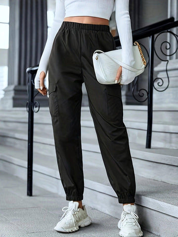 Cargo Pants Fashion Casual Multi-pocket Elastic Waist Pencil-Black-7