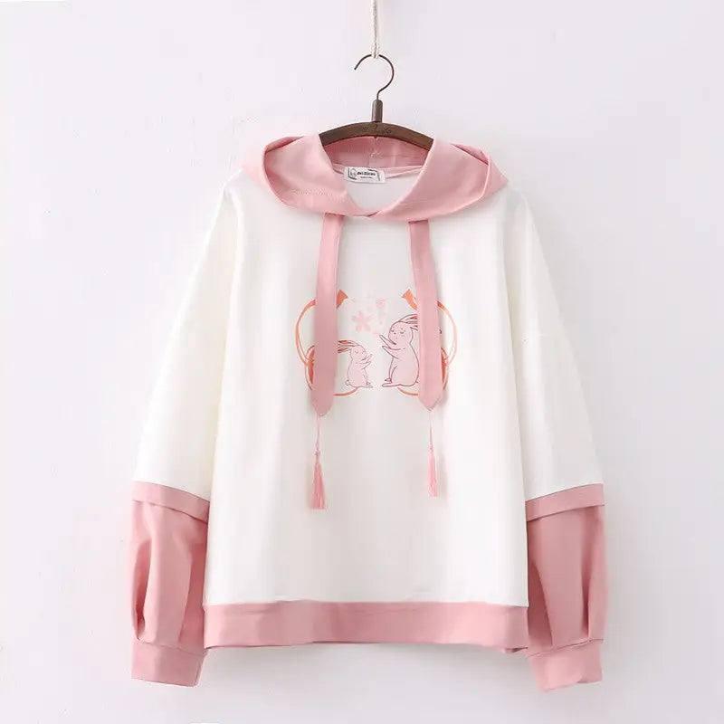 Cartoon Double Rabbit Print Hooded Student Hoodie-White-11