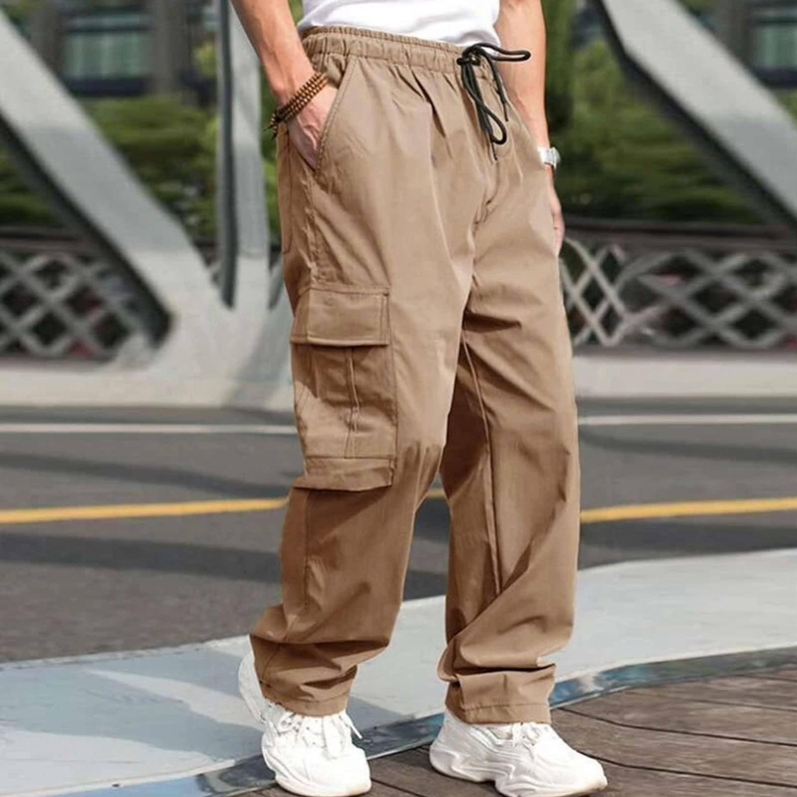 Casual Cargo Pants For Men Loose Straight Drawstring Waist-Khaki-7