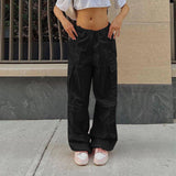 Casual Cargo Pants For Women Solid Color Drawstring Pocket-Black-3