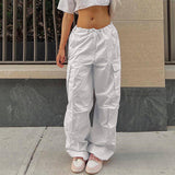 Casual Cargo Pants For Women Solid Color Drawstring Pocket-White-5