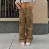 Casual Cargo Pants For Women Solid Color Drawstring Pocket-Brown-6