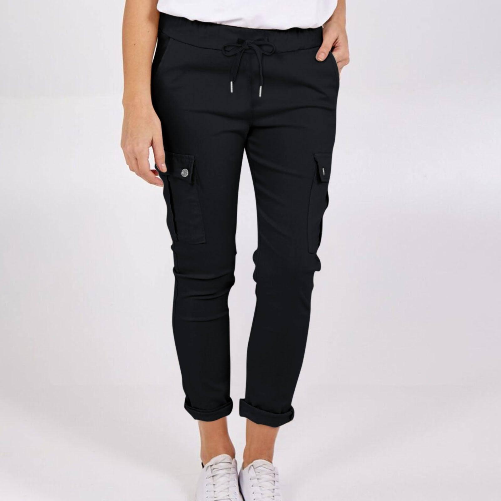 Casual Cargo Pants With Pockets Solid Color Drawstring Waist-Black-5