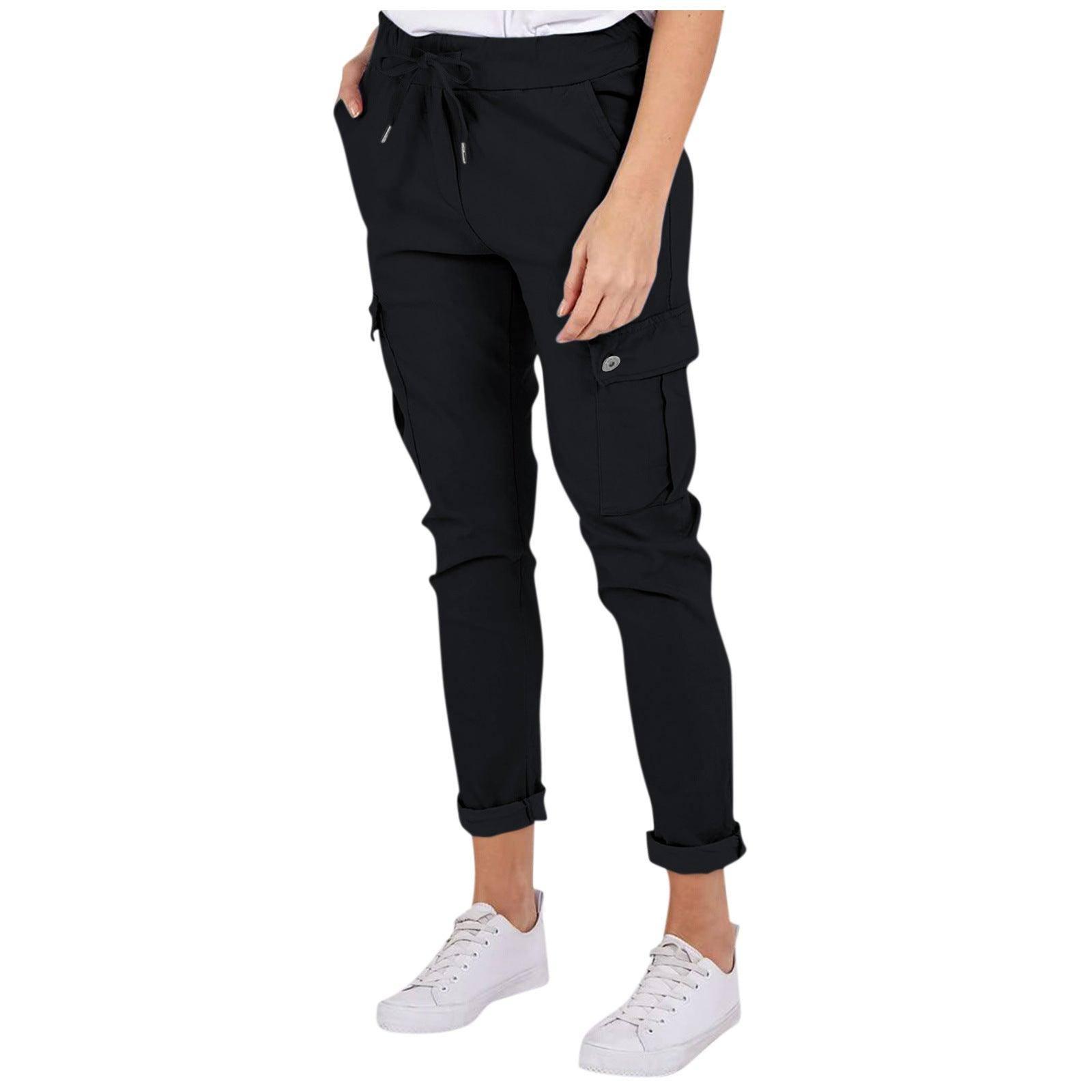 Casual Cargo Pants With Pockets Solid Color Drawstring Waist-8