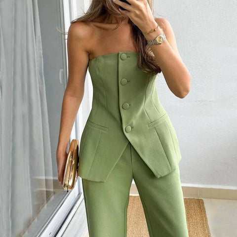 Casual Fashion Tailored Suit Button Graceful Tube Top Suit-4
