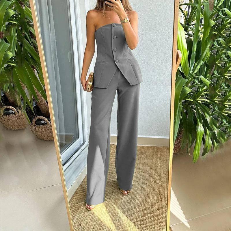 Casual Fashion Tailored Suit Button Graceful Tube Top Suit-grey-6