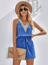 Casual Jumpsuit Lace V-neck Sleeveless Tops Tie-up Shorts-Blue-2