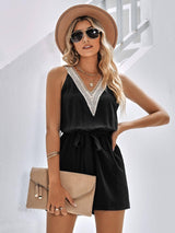 Casual Jumpsuit Lace V-neck Sleeveless Tops Tie-up Shorts-Black-6