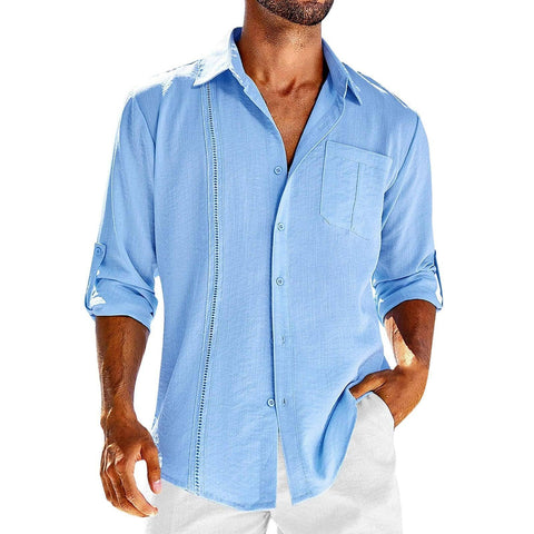 Casual Long Sleeve Shirt With Pocket Lace Polo Collar Solid-Sky Blue-3