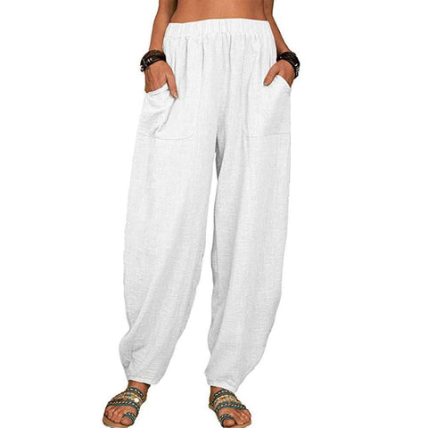 Casual Loose Harem Pants Summer Fashion Solid Color Pockets-White-3