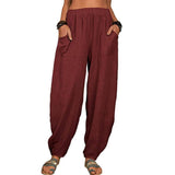Casual Loose Harem Pants Summer Fashion Solid Color Pockets-Wine Red-8