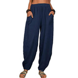 Casual Loose Harem Pants Summer Fashion Solid Color Pockets-Navy Blue-9